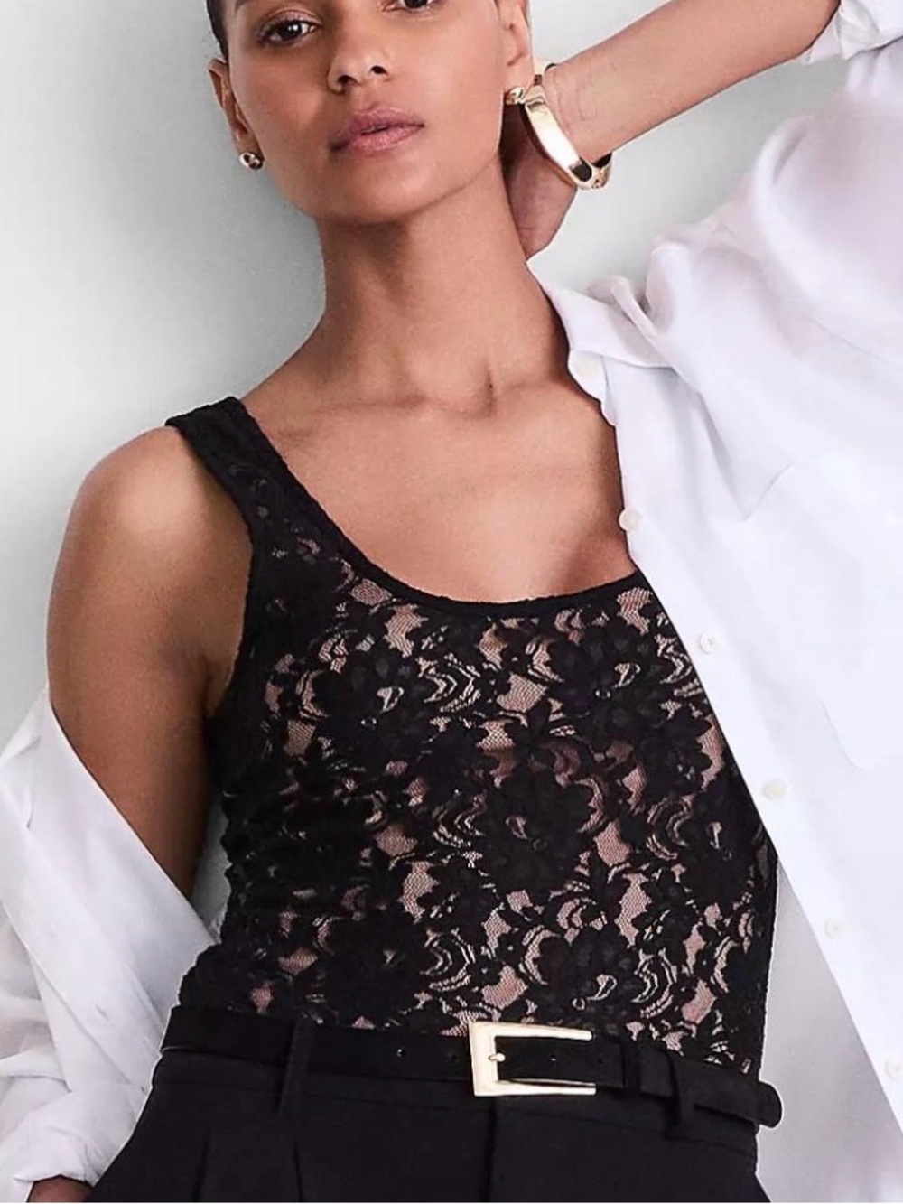 LOFT Black Lace Scoop Neck Tank Bodysuit